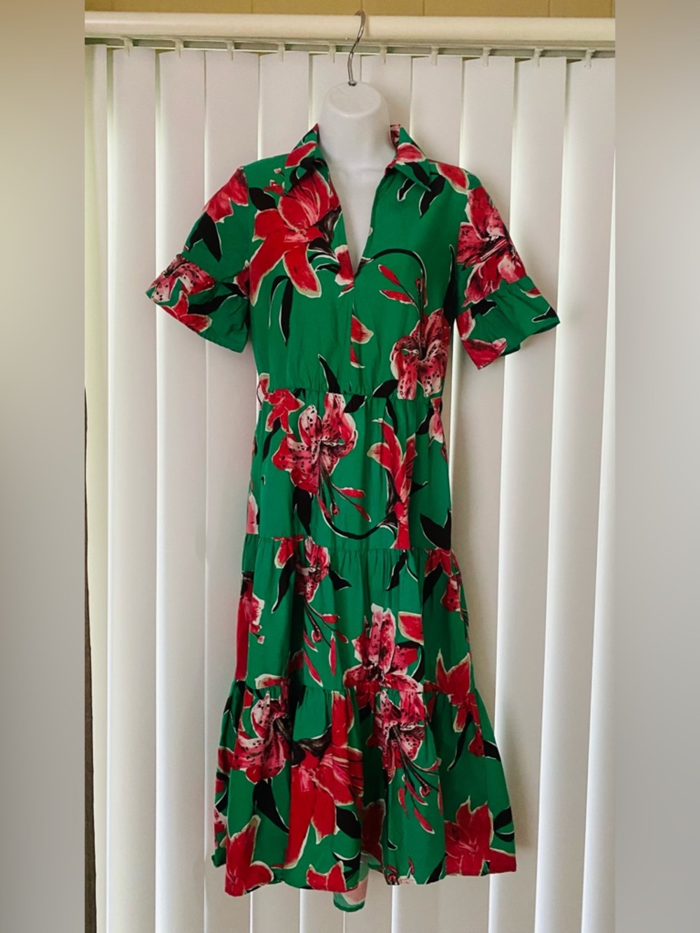 Zara Green Midi Dress with Red Floral Print and Black Accents